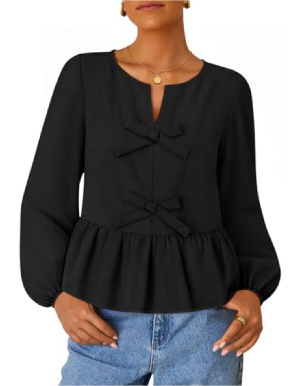 Long Sleeve Babydoll Peplum Top Tie Front Ruffle Flowy Blouse